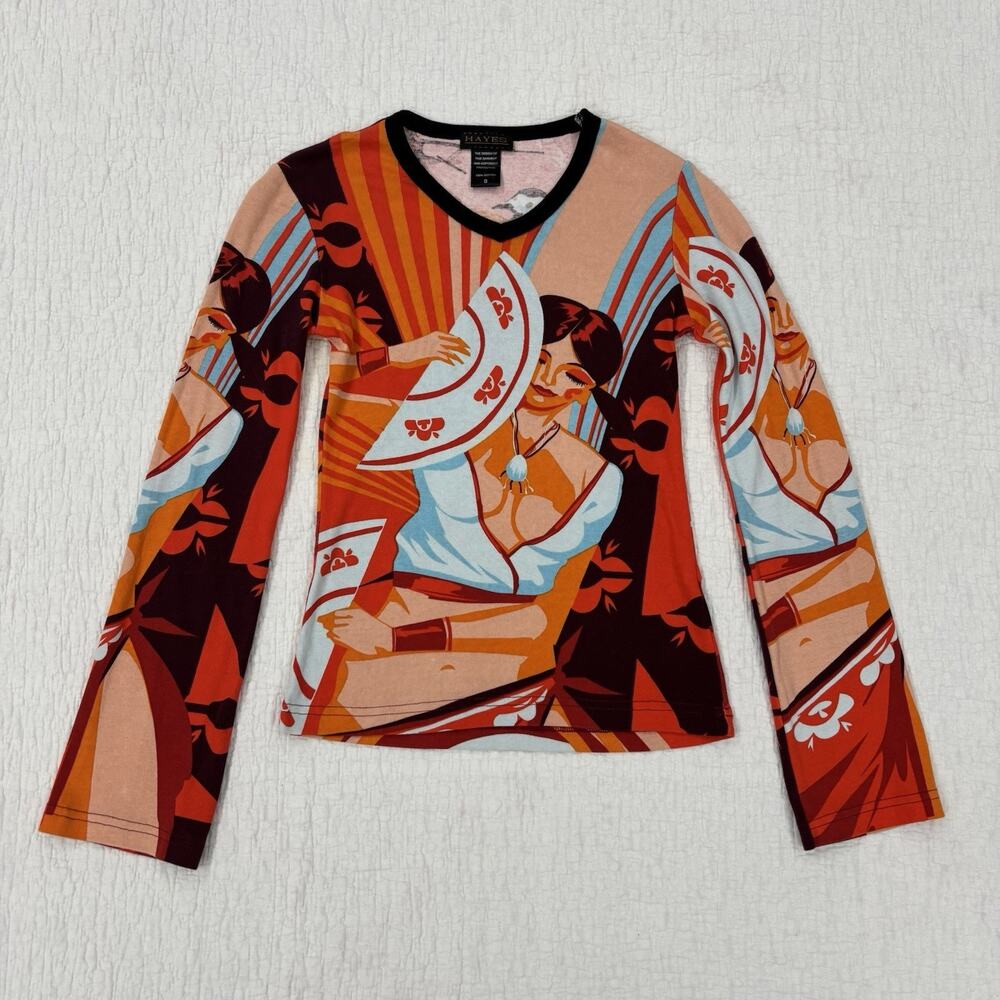 Y2K Hayes Long Flare Sleeve Shirt Women’s Size Small Custo Barcelona Graphic